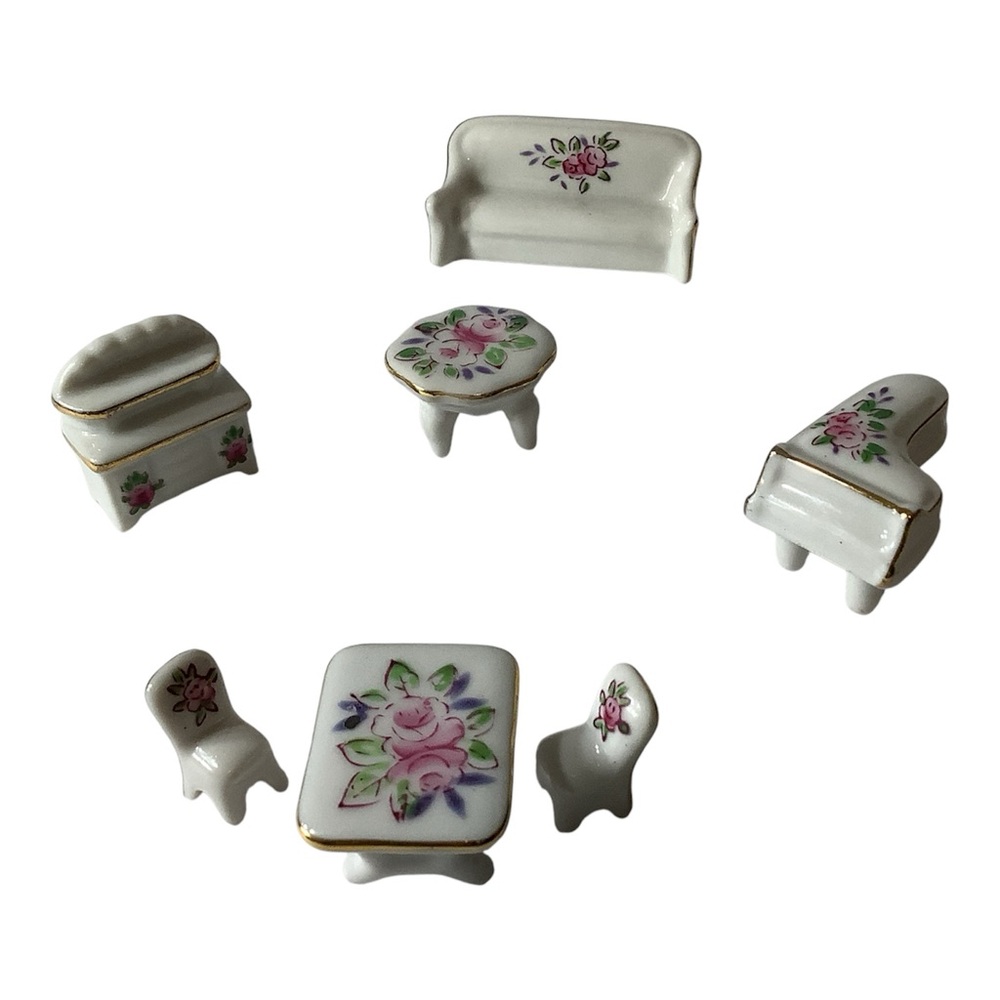 Vtg. Japan 1970s-80s Miniature Dollhouse Furniture  Porcelain White Rose Floral